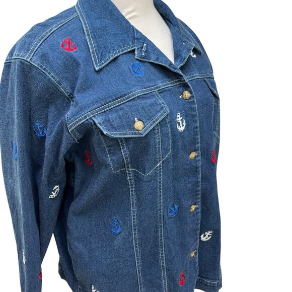 Quacker Factory Denim Jacket Womens Size 1X Anchors Blue Cruise Beach Resort - Picture 3 of 7